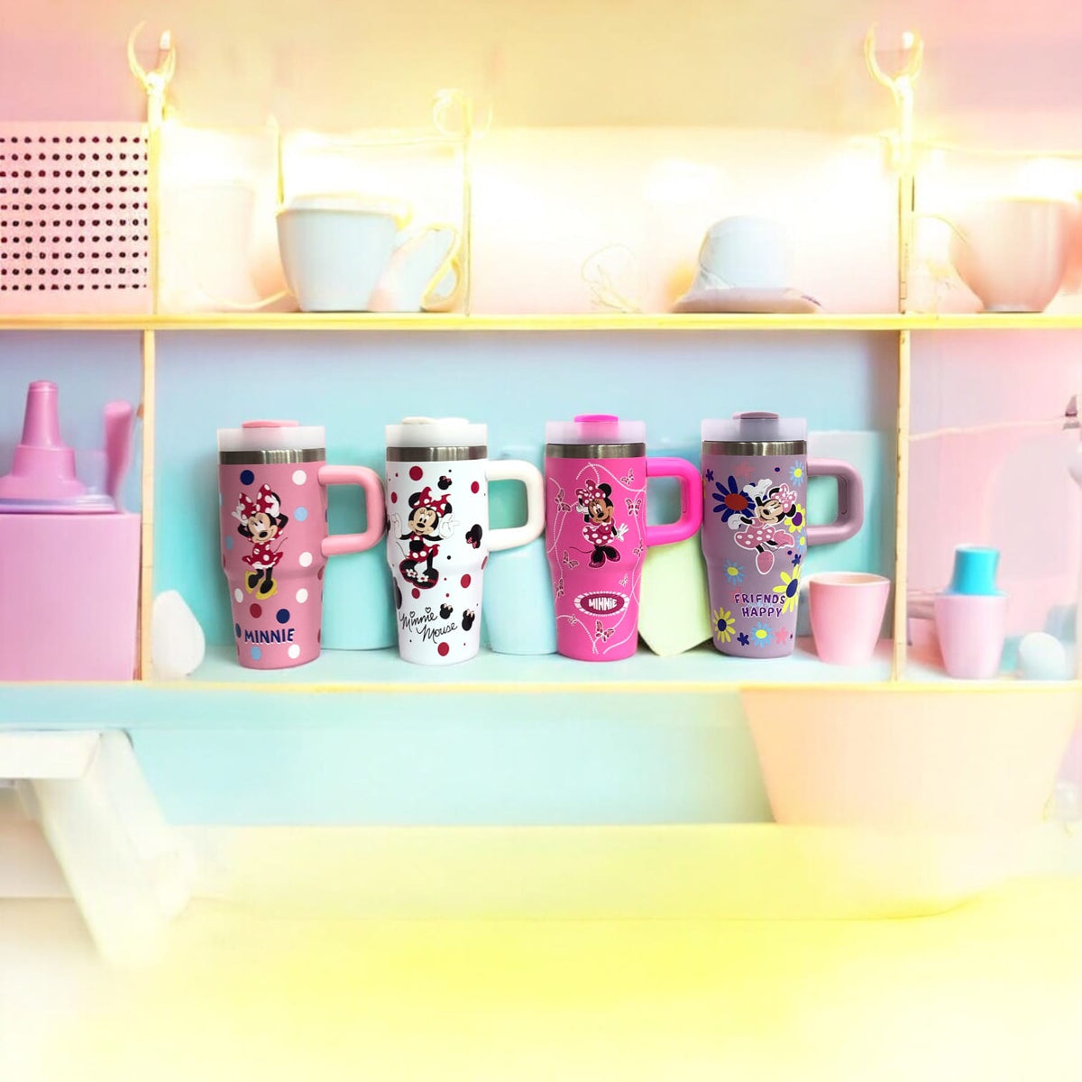 Assorted Minnie Mouse tumblers in pastel colors displayed on a shelf