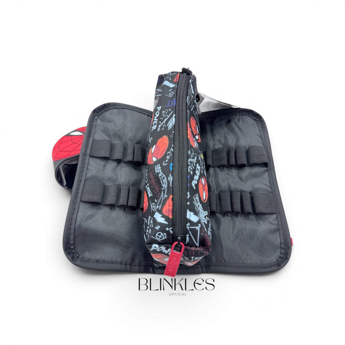 Open Spider-Man pencil pouch with zipper, padded panels, and elastic pen holders