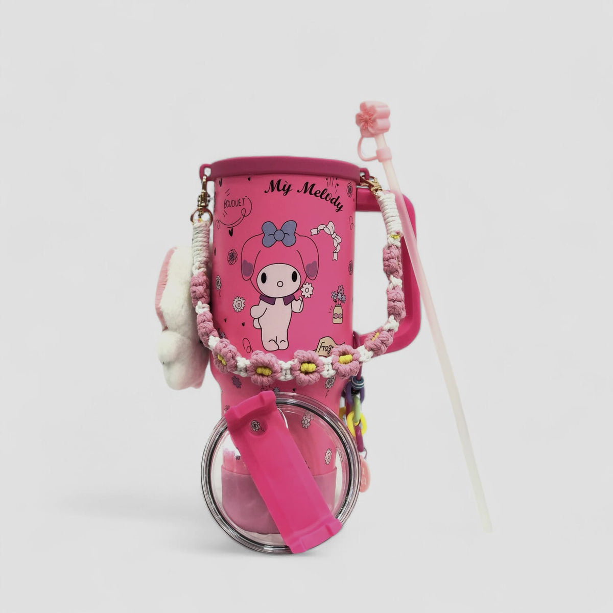 Pink My Melody character tumbler with handle, flip lid, charm strap and straw