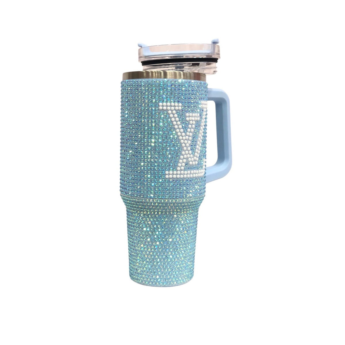 Light blue rhinestone LV tumbler with side handle, LV emblem, and clear straw tube