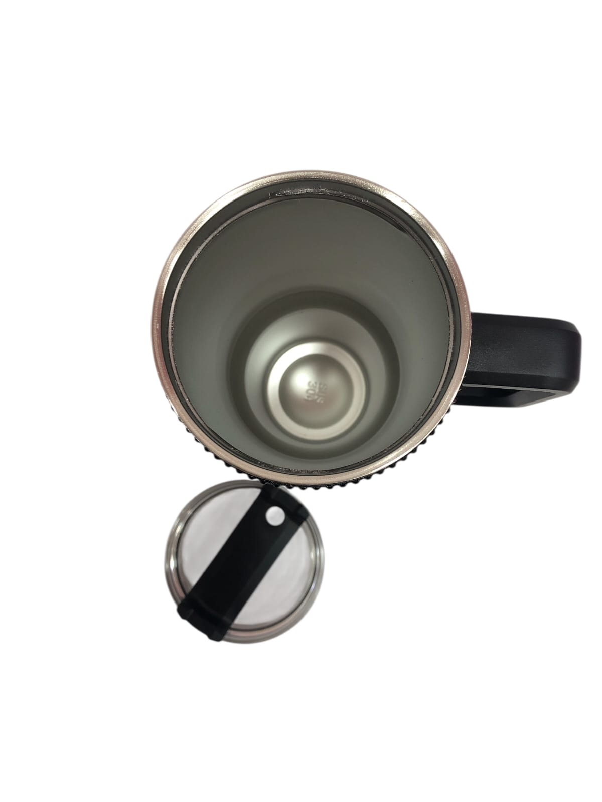 Black tumbler with stainless rim, open lid, and loop handle; underside view