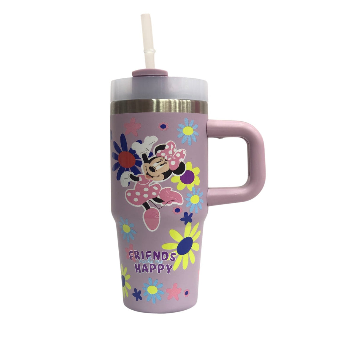 Lilac Minnie tumbler with Minnie graphic and flowers, lid and straw, side handle.