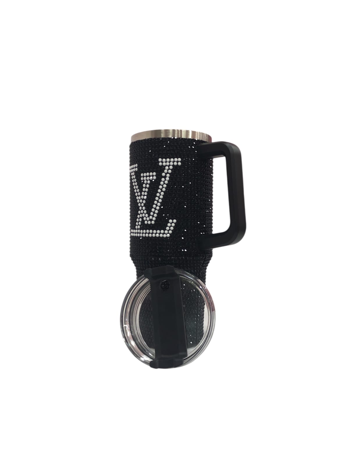 Black rhinestone LV tumbler with side handle and clear straw port; front view