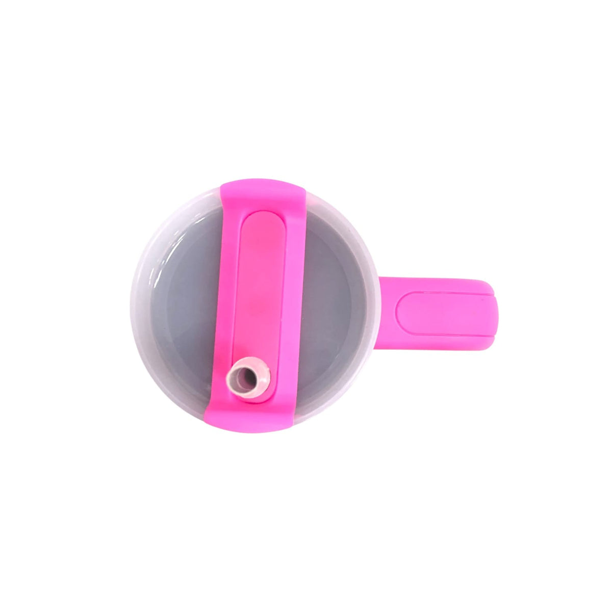 Pink tumbler base with attached flip lid, straw opening, and side carry handle.