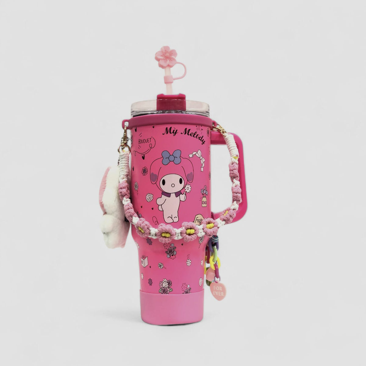 Pink My Melody character tumbler with handle, flip lid, charm strap and plush tails