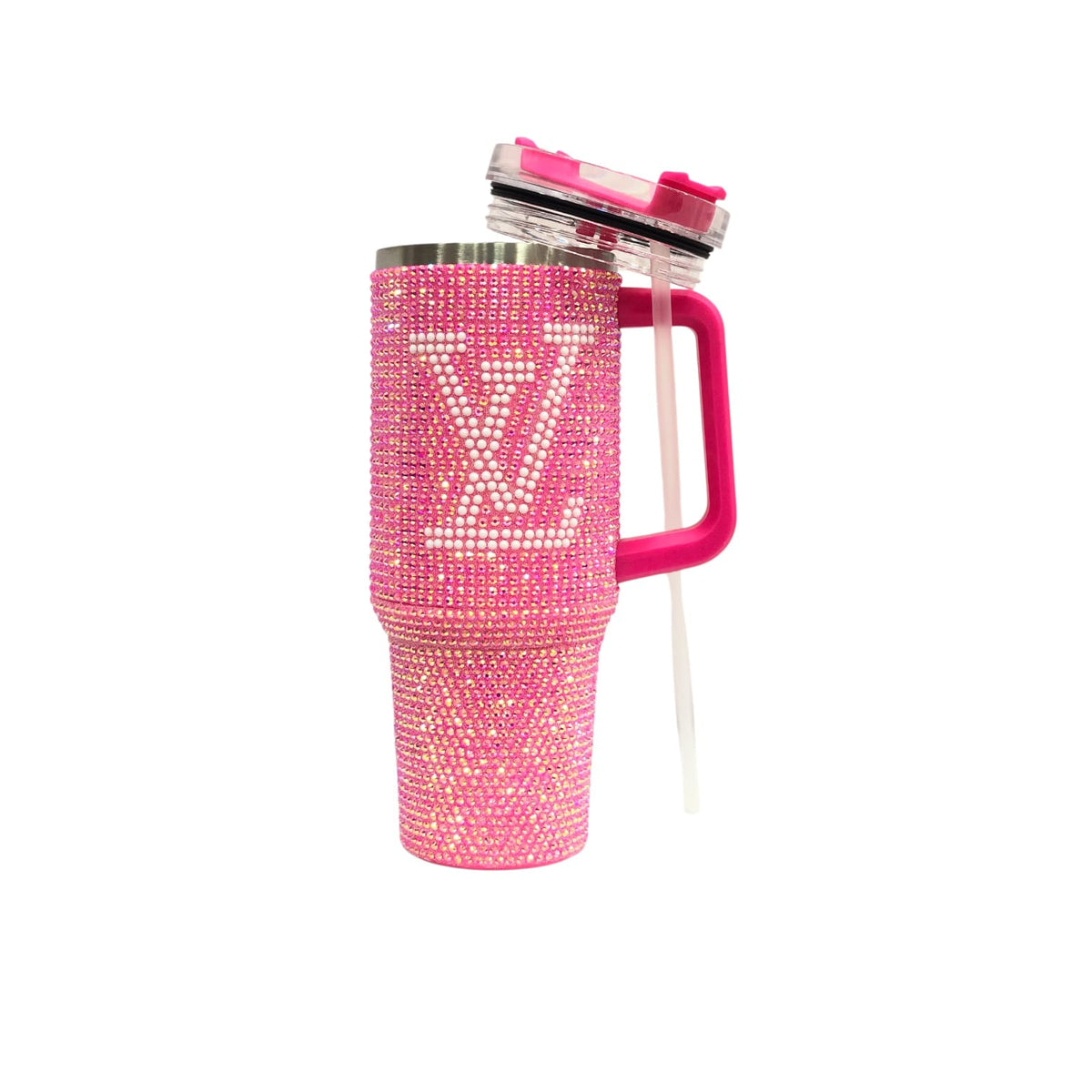 Pink rhinestone LV tumbler with magenta handle, clear straw, and crystal top lid