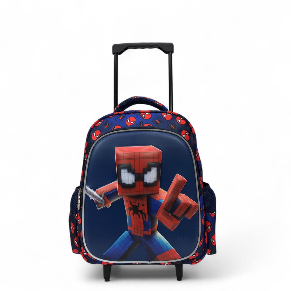 Rolling backpack with navy front panel and pixel hero character print, red-and-blue spider patterned fabric