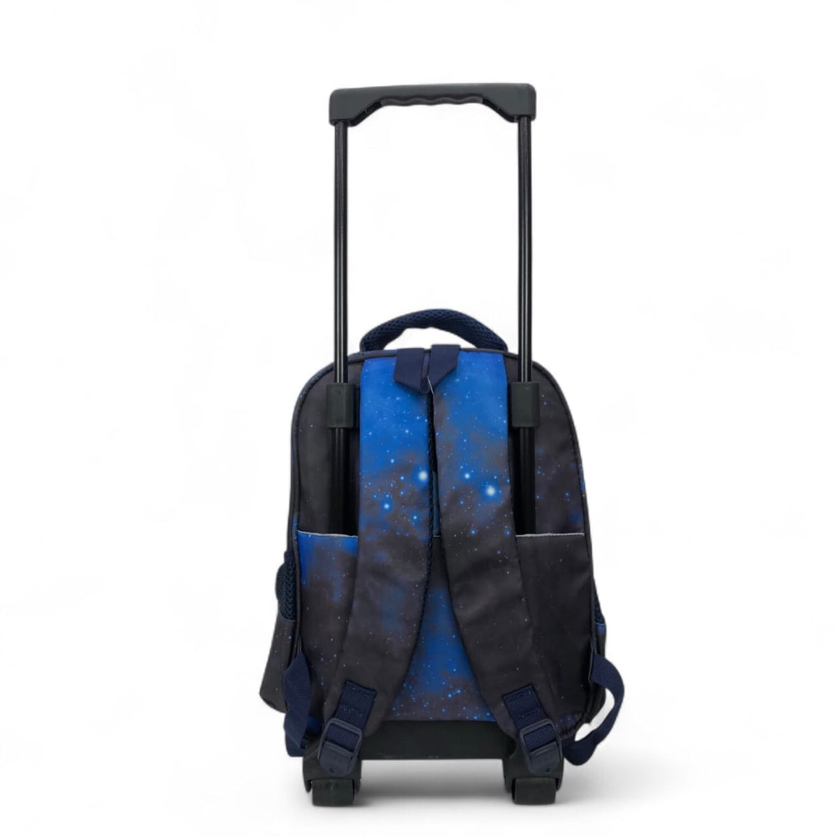 Blue rolling backpack with starry pattern, front pockets, and adjustable straps