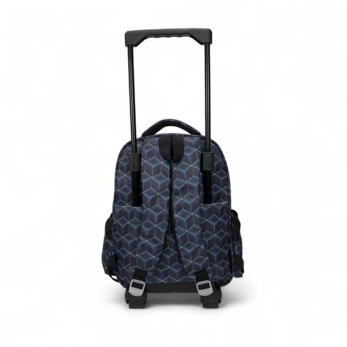 Rolling backpack with telescoping handle, dark blue geometric print and front character graphic