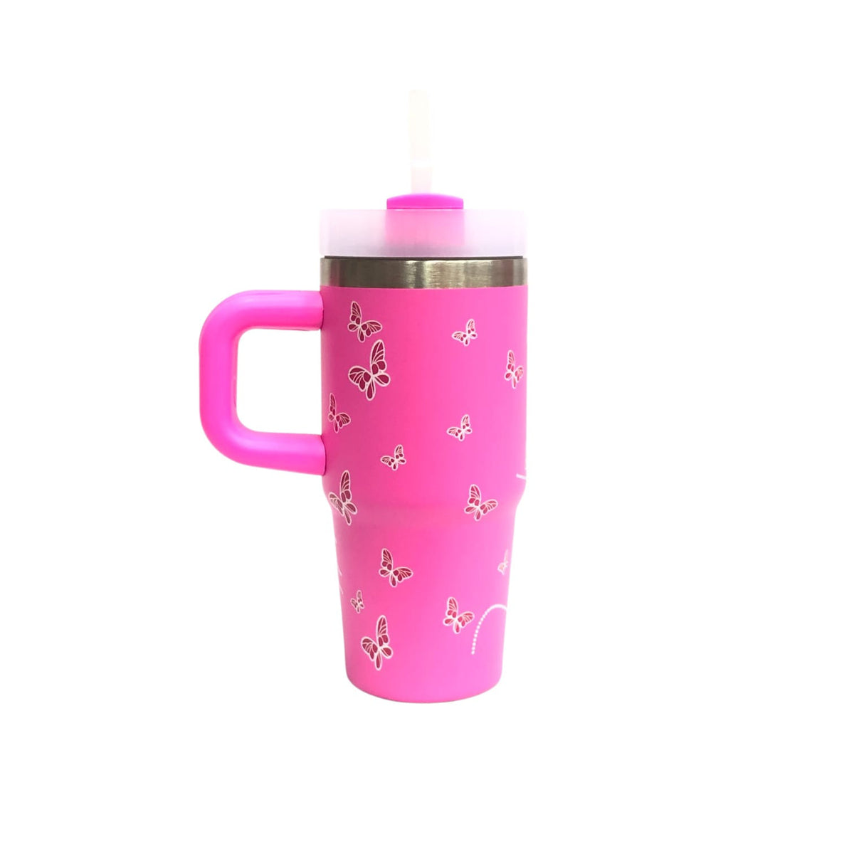 Bright pink tumbler with bow pattern, lid and straw, and side handle.