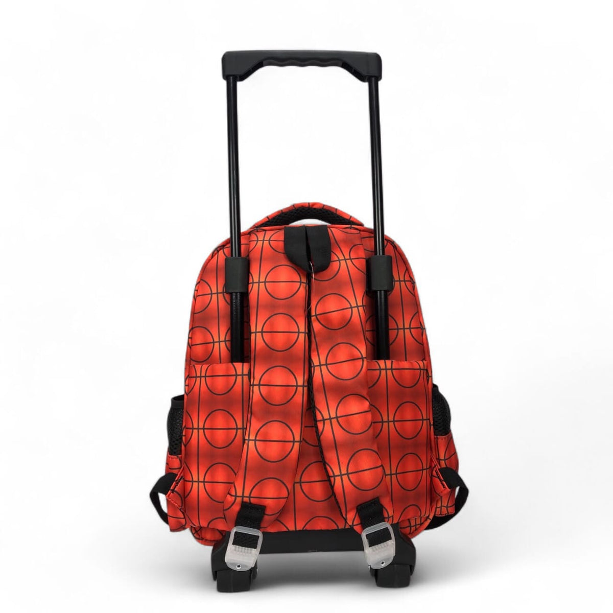 Rolling backpack front view in orange basketball pattern with black straps and handle frame.