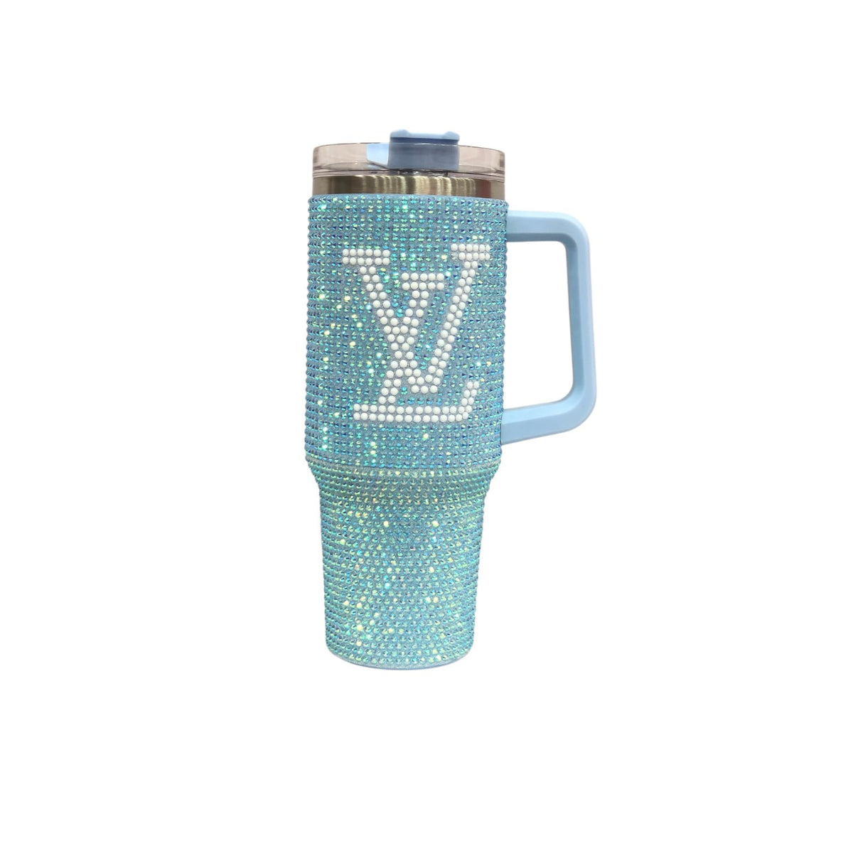 Light blue rhinestone LV tumbler with carry handle and LV emblem; straight-on view