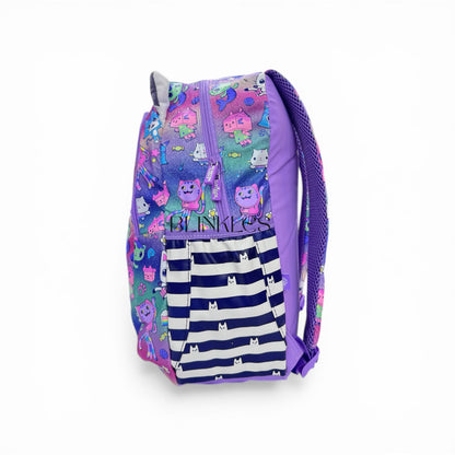 Kids glitter backpack in purple with character prints and striped front pocket