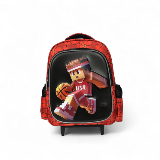 Rolling mini backpack with orange basketball pattern and pixel character graphic on front.