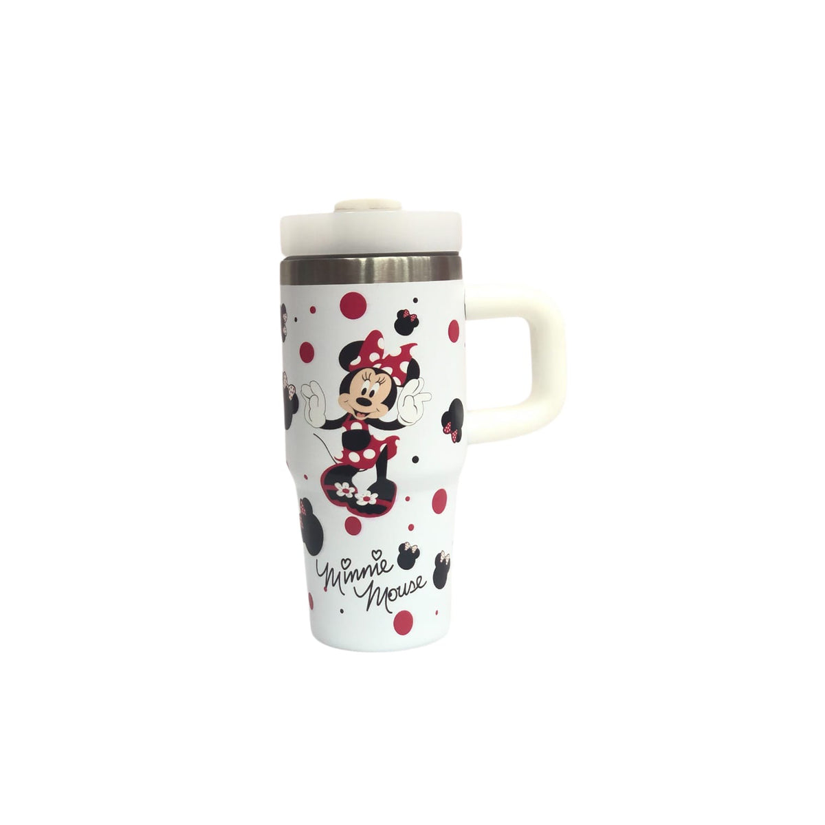 White tumbler with Minnie character graphic and red polka dots, lid and straw, handle.