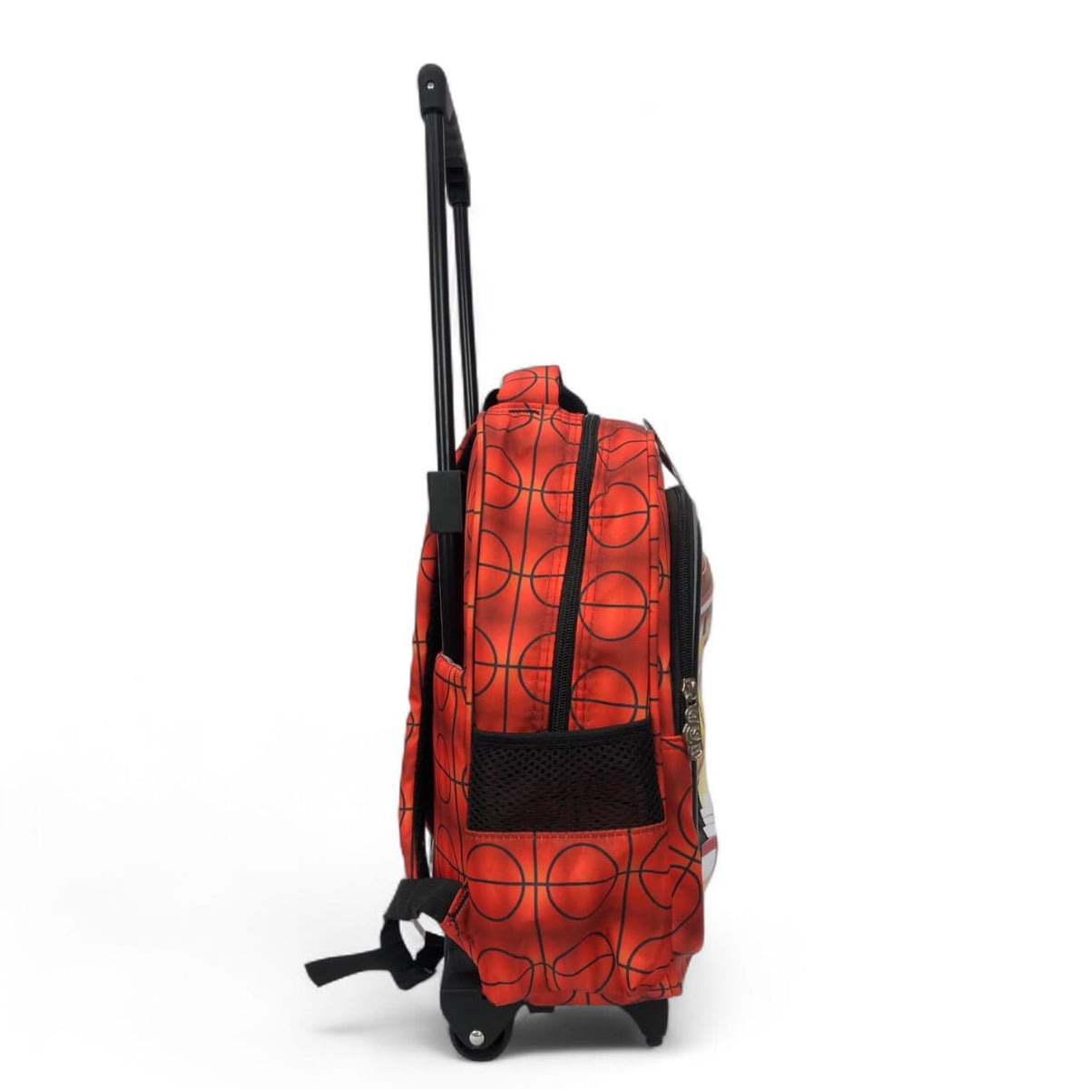 Rolling backpack with orange basketball-pattern fabric, black wheels and extended handle.