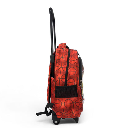 Rolling backpack with orange basketball-pattern fabric, black wheels and extended handle.