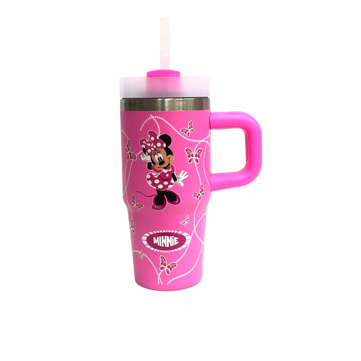 Pink Minnie tumbler with Minnie graphic and bows, lid and straw, side handle.