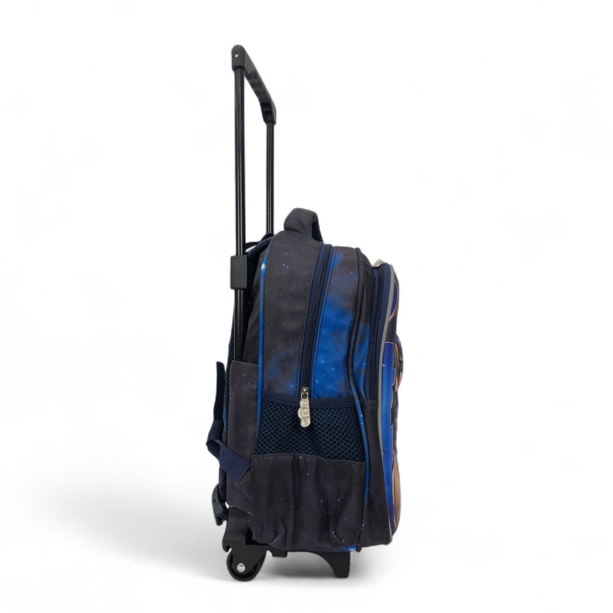 Blue and black character trolley bag side view with zip pocket and extendable handle