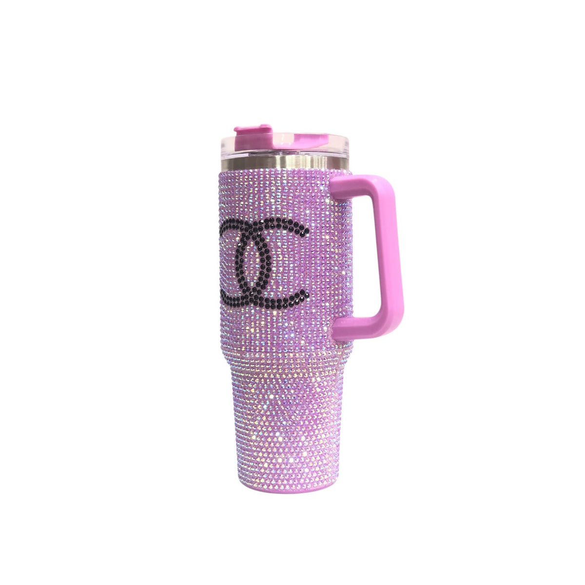 Pink rhinestone tumbler with clear lid, pink handle, and black CC-style logo