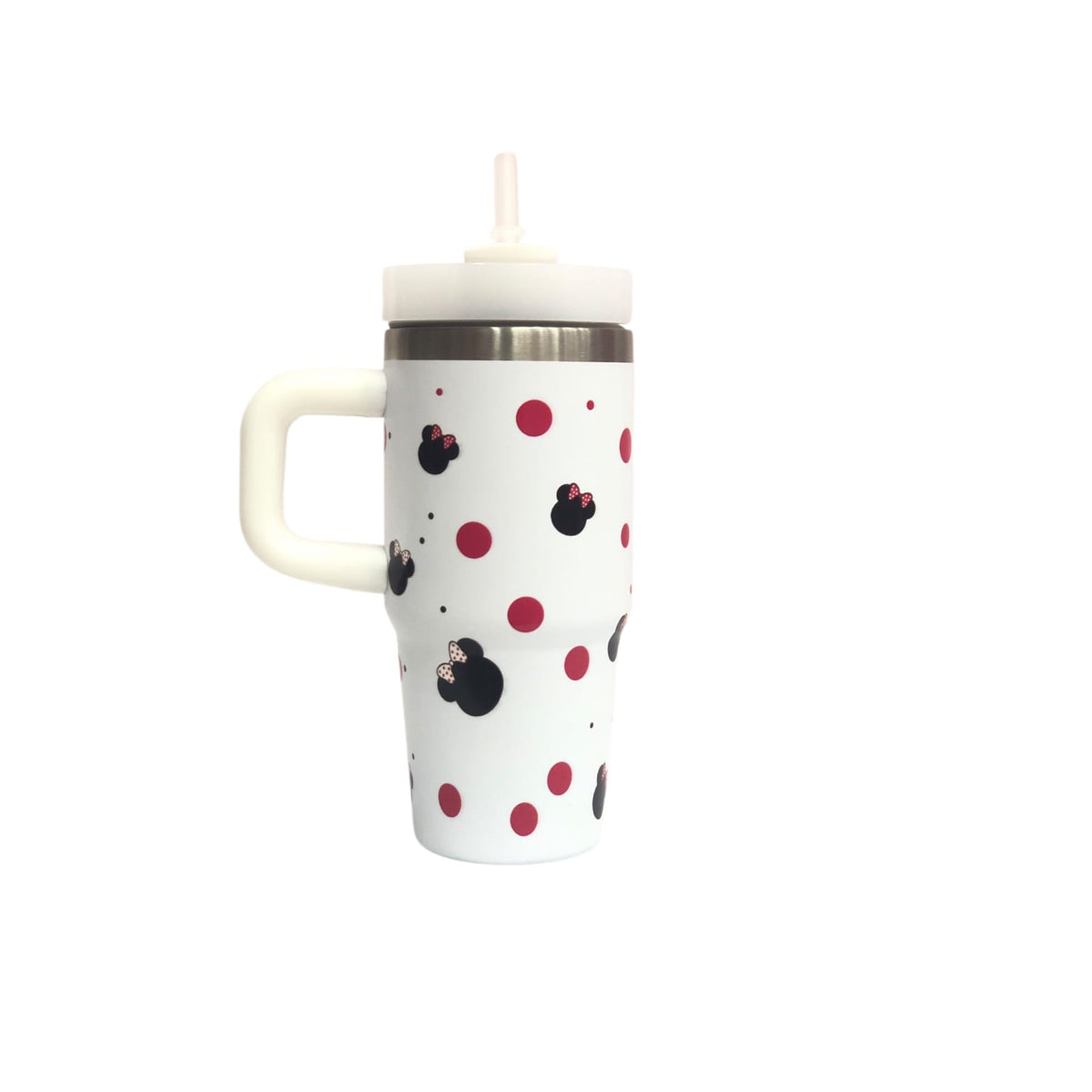 White tumbler with Minnie ears and red polka dots, lid and straw, side handle.