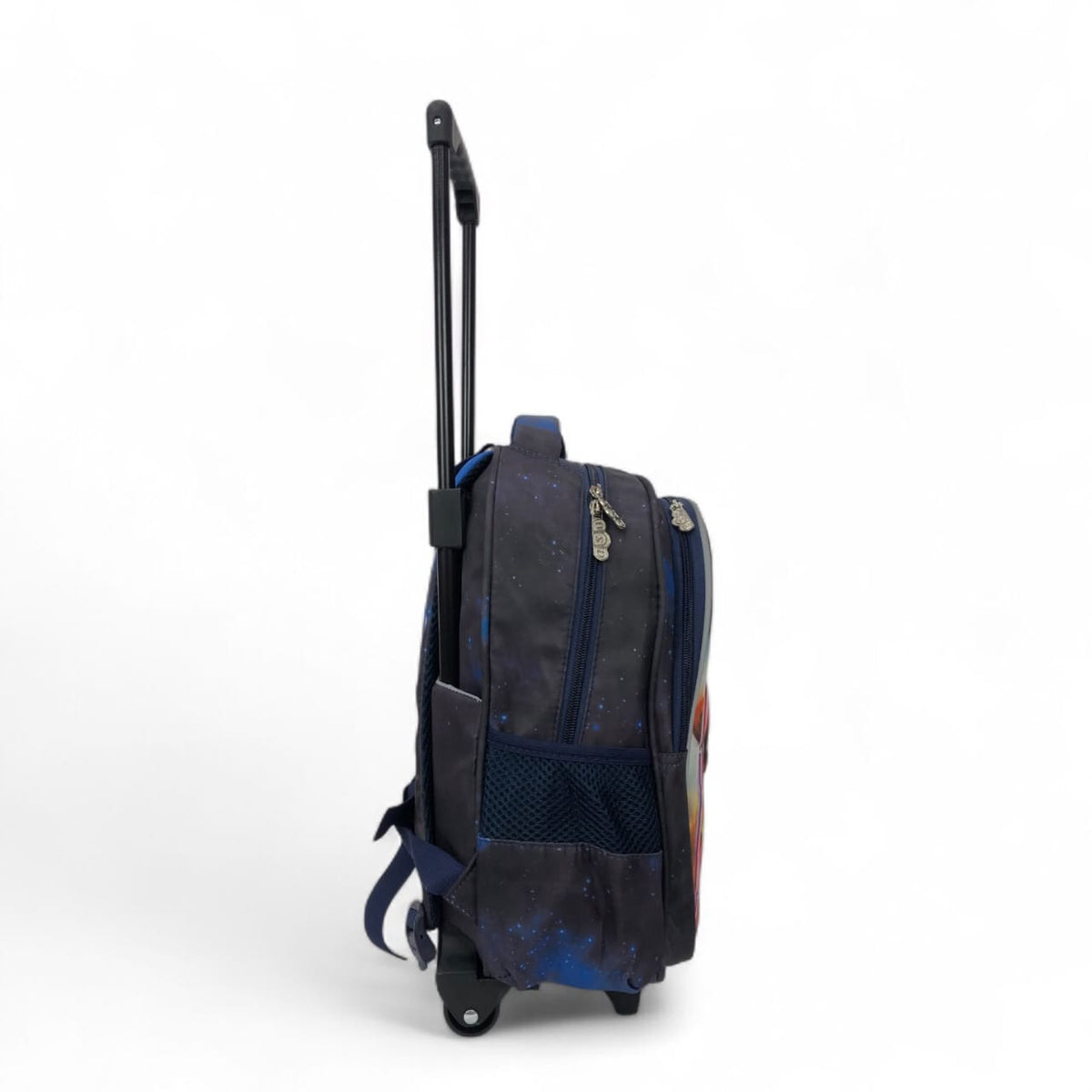 Blue and black rolling backpack with starry fabric and side zipper pockets