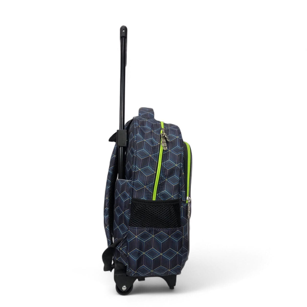 Rolling backpack side view, dark blue geometric fabric with neon green accents and wheels