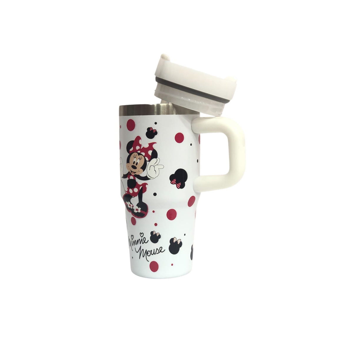 White tumbler with Minnie characters and red polka dots, lid and straw, side handle.