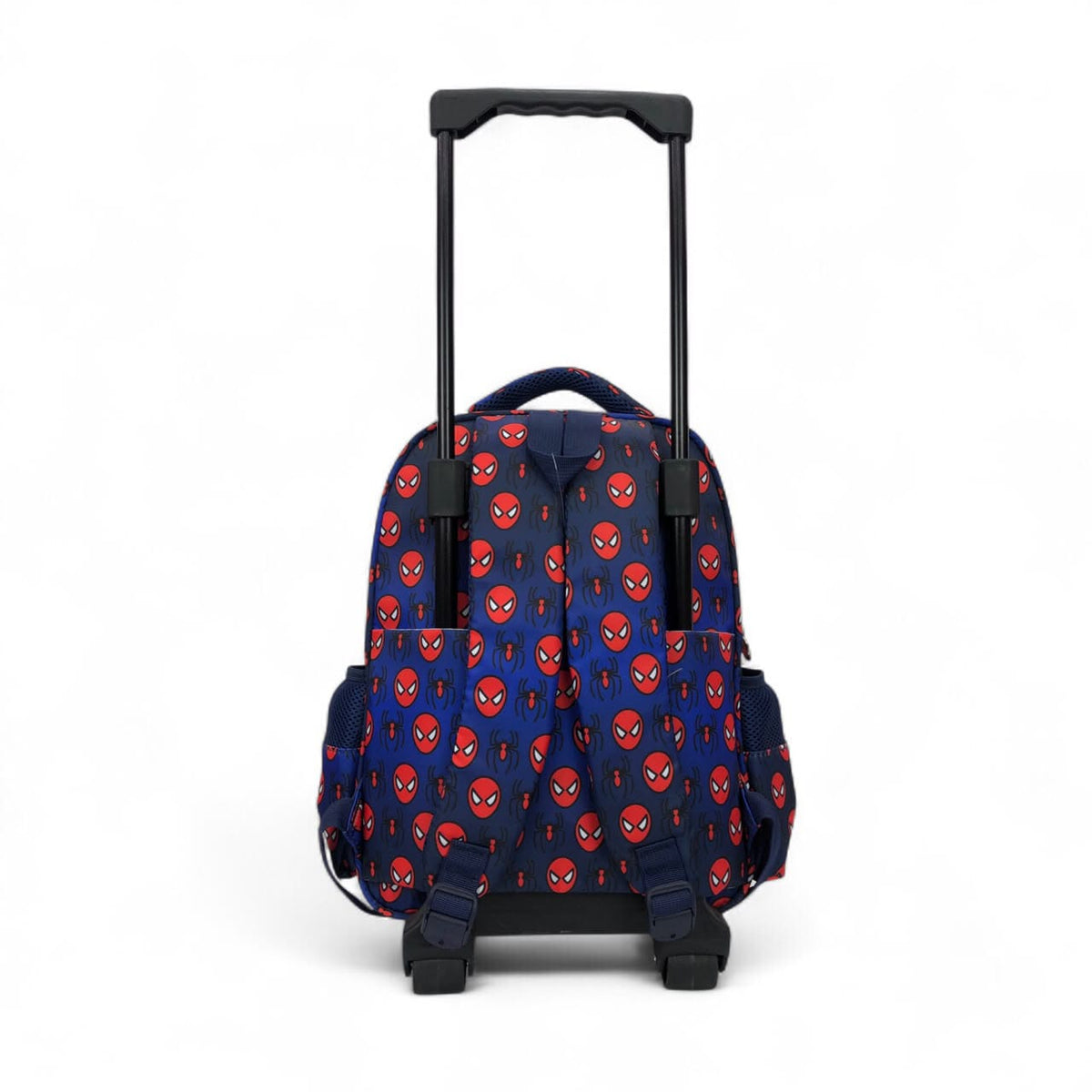 Rolling backpack with navy base and red-and-blue spider web pattern, front pocket and wheels