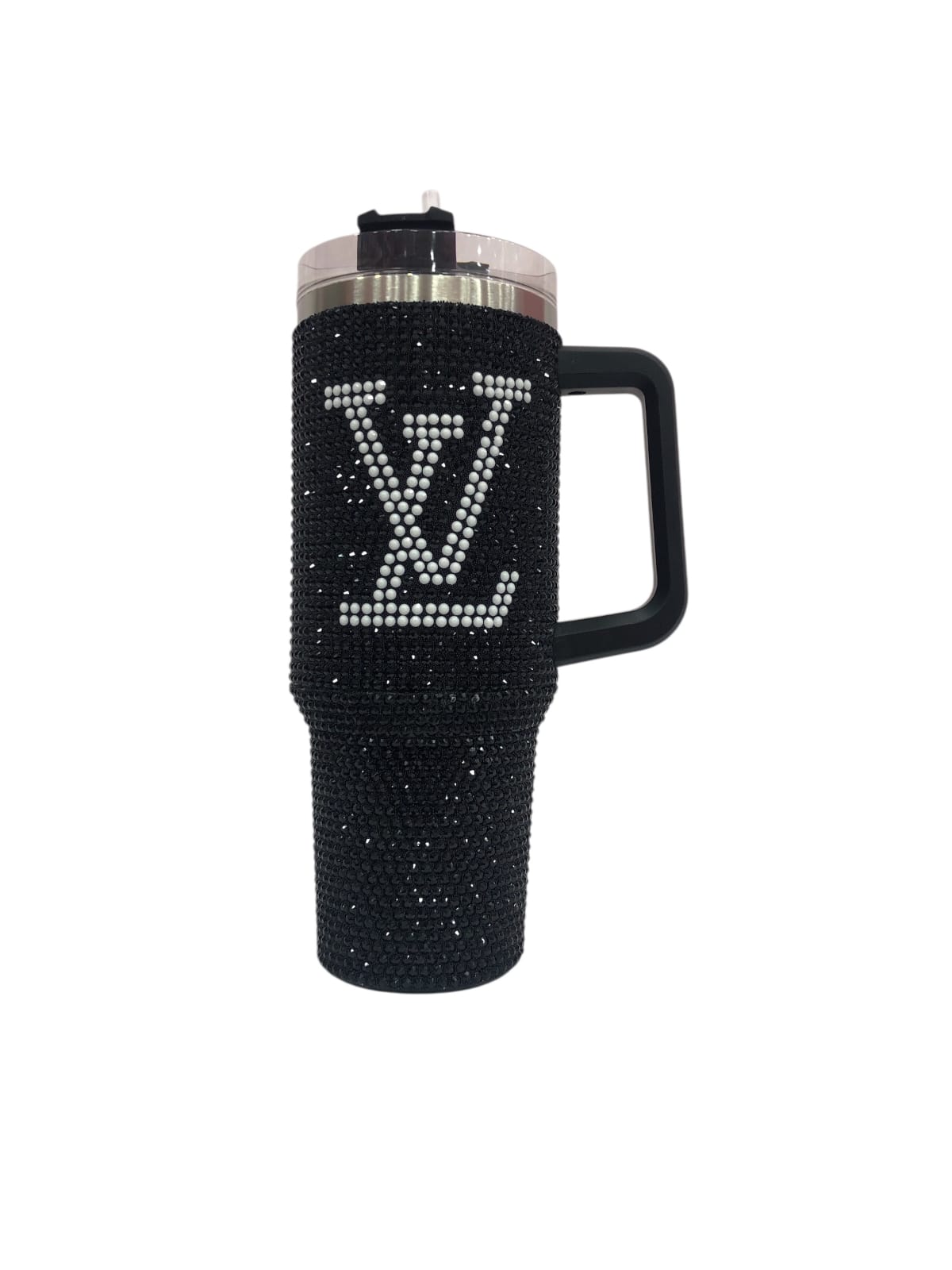 Black rhinestone LV tumbler with carry handle and crystal-style LV emblem; side view