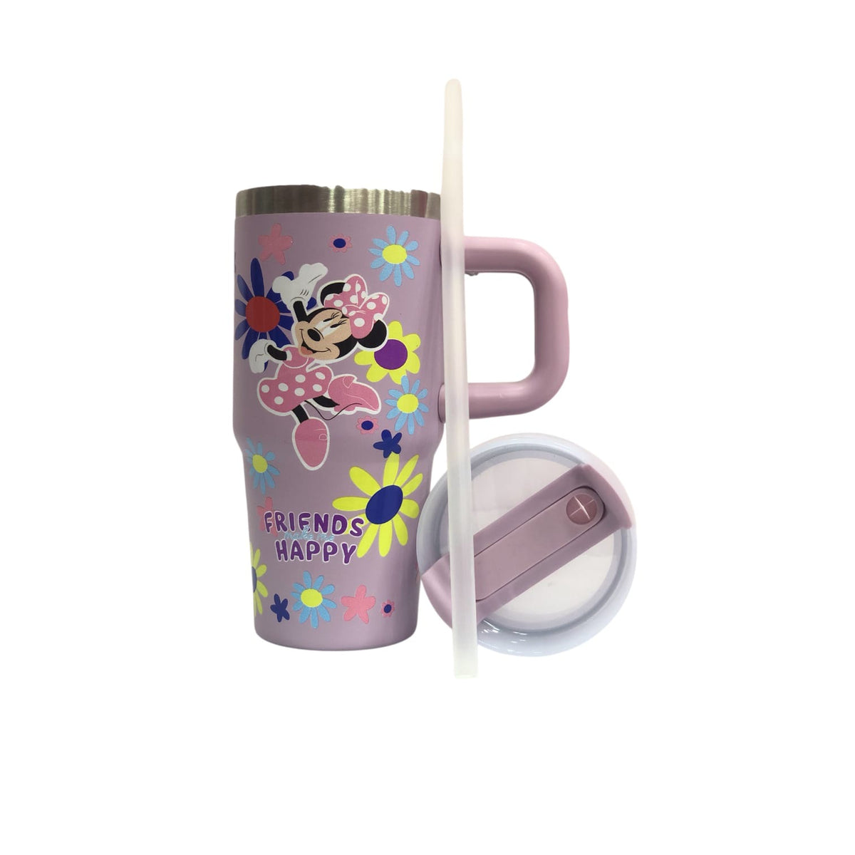 Lilac Minnie tumbler with Friends Happy graphic, lid and straw, and round flip lid.