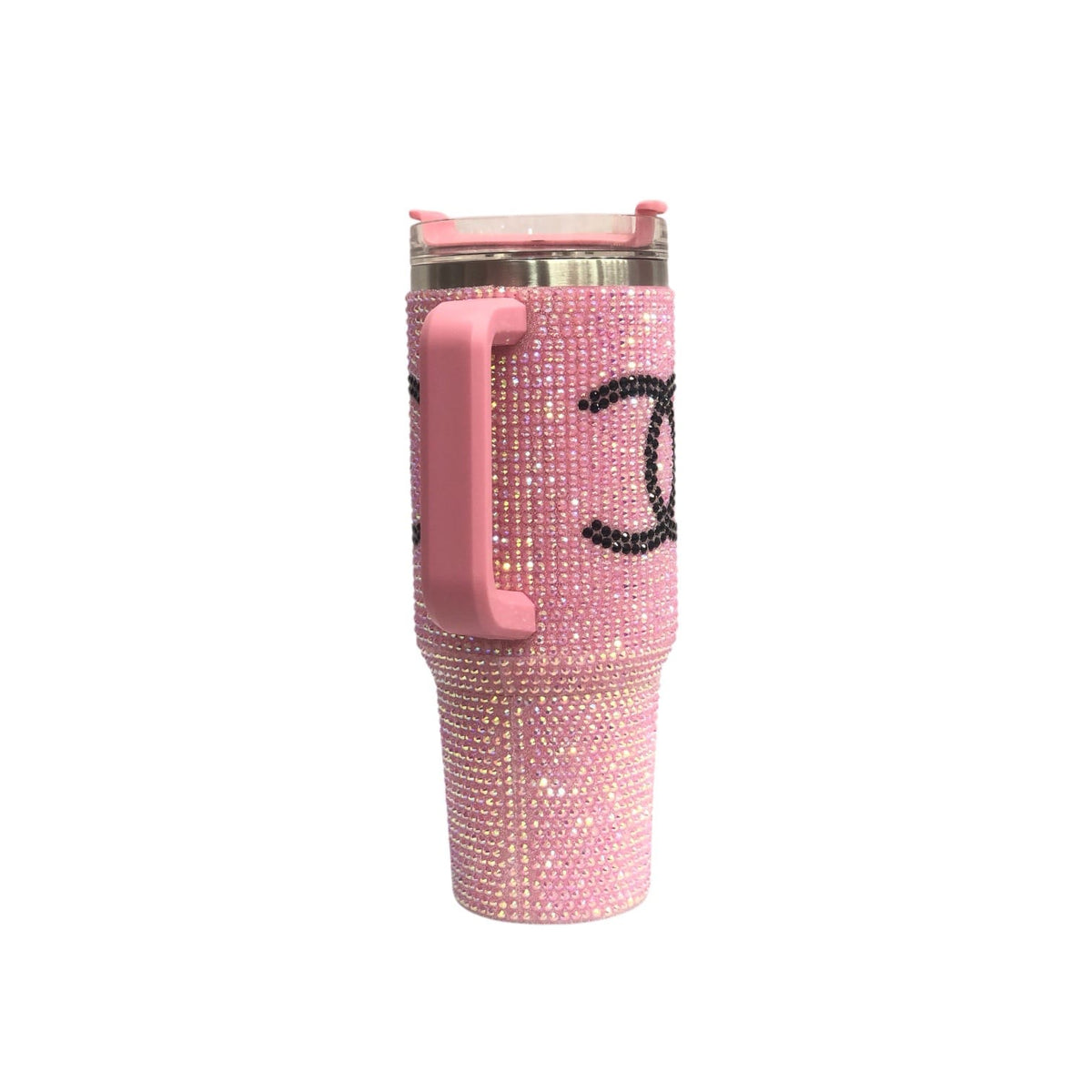 Pink rhinestone tumbler with handle, clear lid, and black CC-style logo