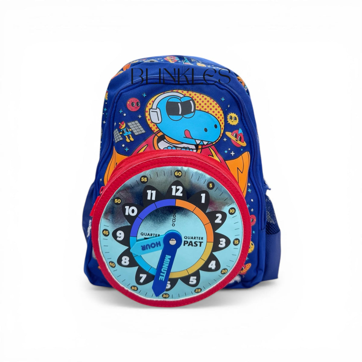 Blue kids learning backpack with large space dinosaur clock graphic on the front