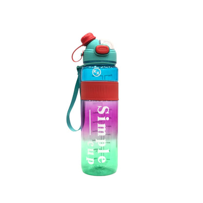 Green, blue, and purple sports water bottle with snap lid and carrying strap