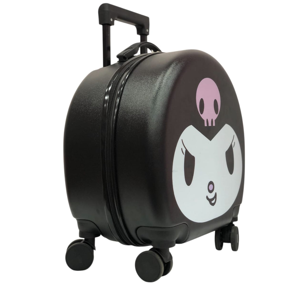 Black hard-shell rolling trolley, side view, top handle and 4 wheels with skull graphic