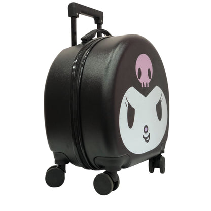 Black hard-shell rolling trolley, side view, top handle and 4 wheels with skull graphic