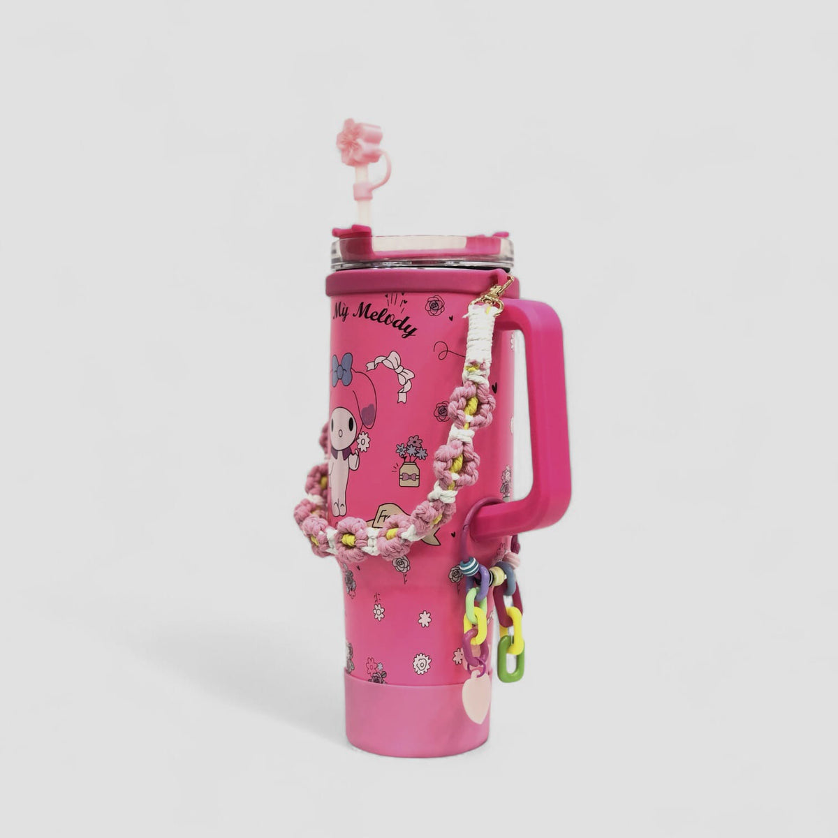 Pink My Melody character tumbler with handle, flip lid, charm strap and flower plush