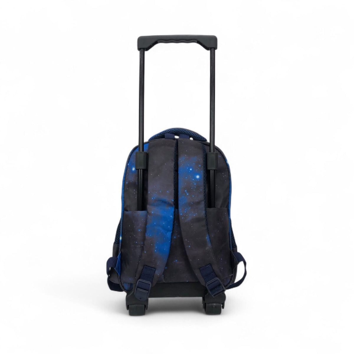 Blue and black character trolley bag with retractable handle and back straps