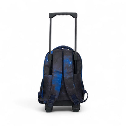 Blue and black character trolley bag with retractable handle and back straps