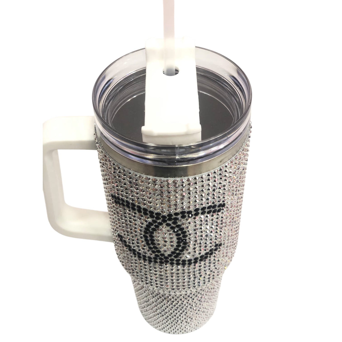 Silver rhinestone tumbler with clear lid and straw, open lid view with black CC-style logo
