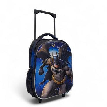 Blue and black trolley bag with Batman artwork, rounded front and four caster wheels