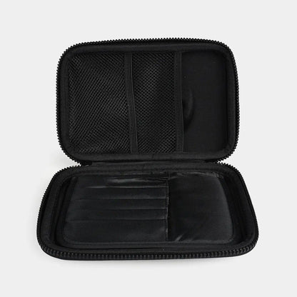 Black zippered organizer pouch with open compartments and mesh pockets