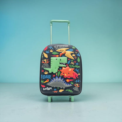 12-inch dino rolling trolley with green handle, black shell and colorful dinosaur roar pattern.