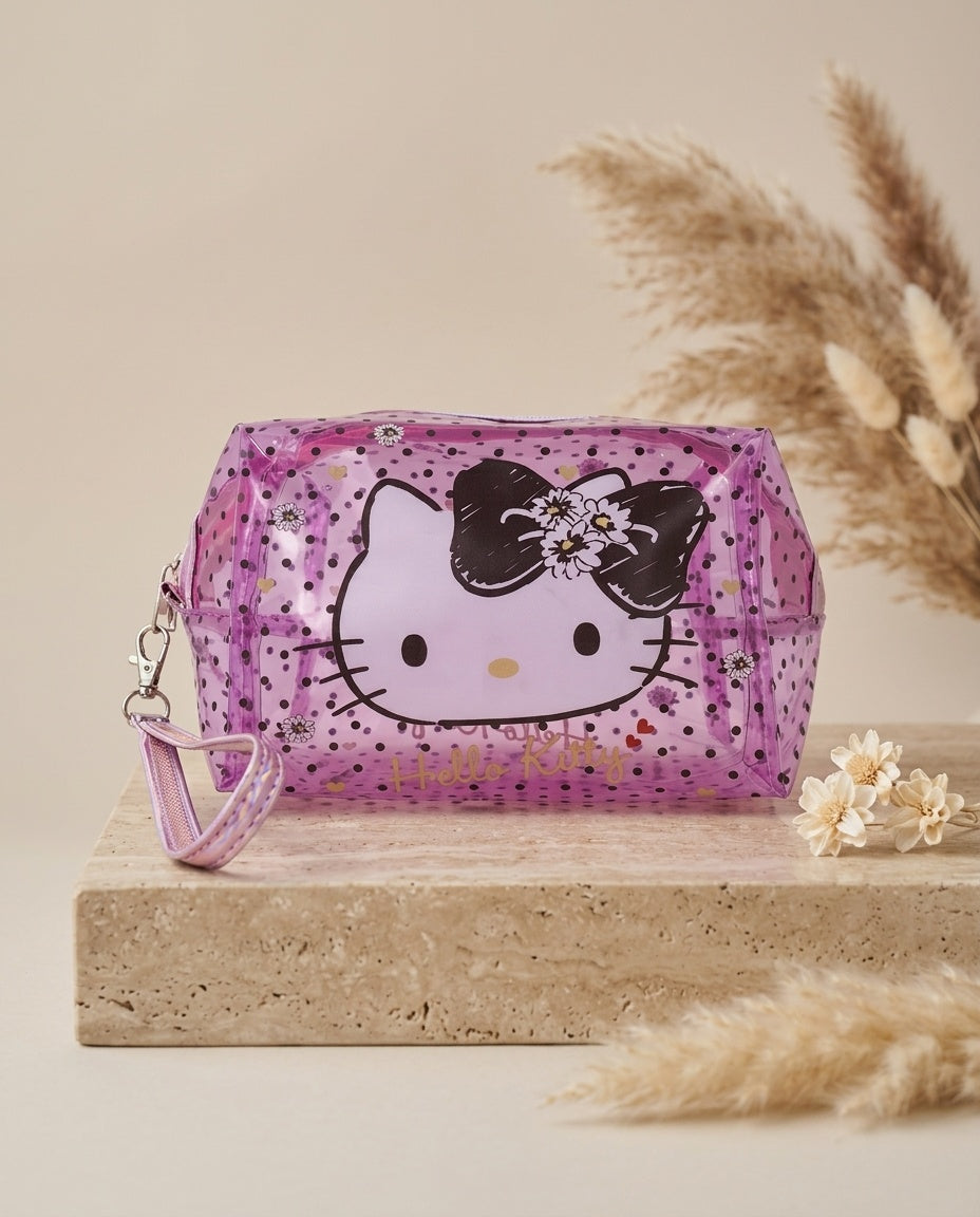 Purple translucent cosmetic pouch with Hello Kitty face and wristlet strap
