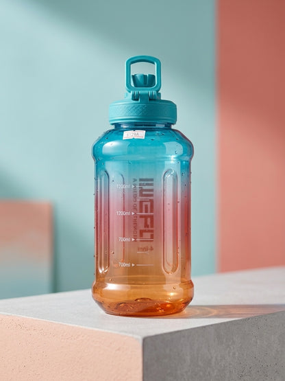 Sports water bottle, teal-to-amber ombre with carrying handle