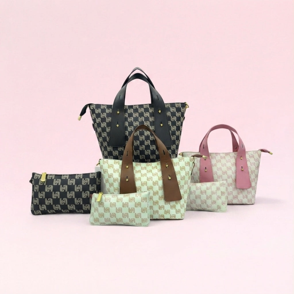 Geometric monogram tote bag set with matching pouches in dark and light tones