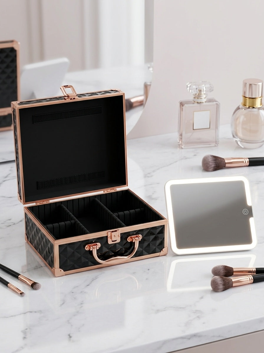 Open vanity box with LED mirror, rose gold trim, black diamond-quilted compartments