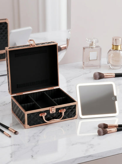 Open vanity box with LED mirror, rose gold trim, black diamond-quilted compartments