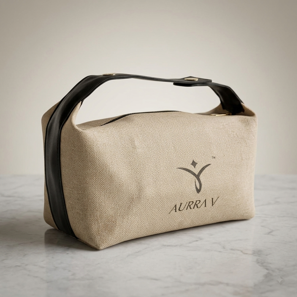 Beige canvas cosmetic pouch with black leather-look handles and front logo