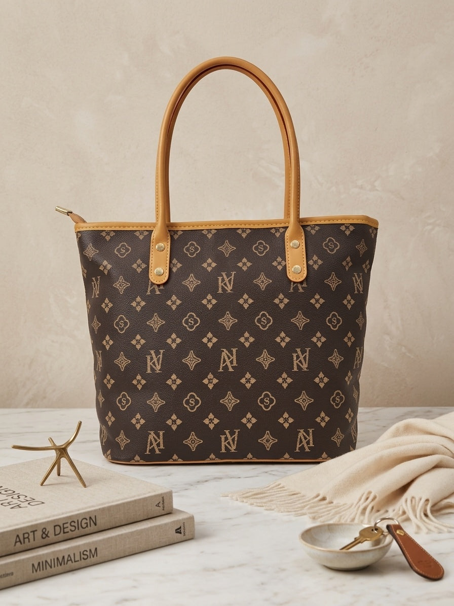 Brown monogram tote bag with repeating icons and tan leather handles